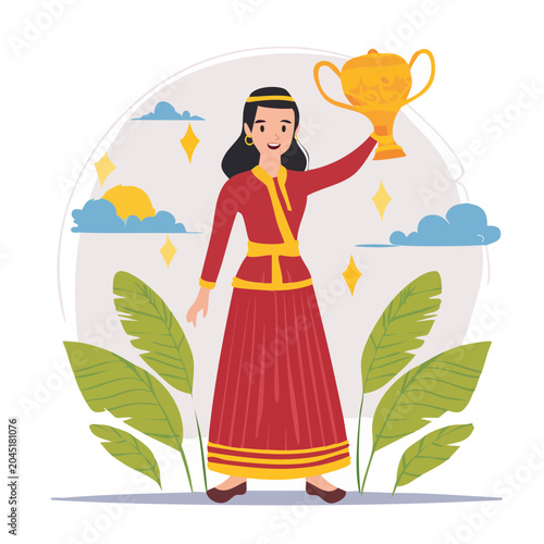 Woman in traditional dress holding a golden trophy