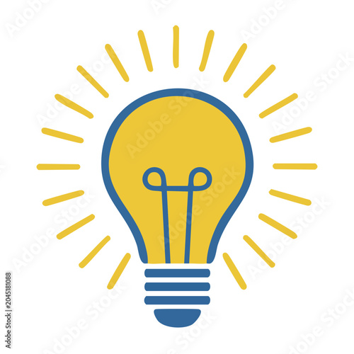 Yellow and blue light bulb icon with radiating lines