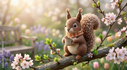Knitted squirrel toy holding a small cup while sitting on a blooming tree branch, depicted as a cute handcrafted amigurumi animal doll in a spring garden. 
