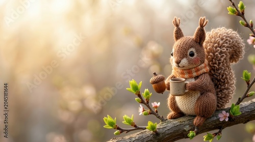 Knitted squirrel toy holding a small cup while sitting on a blooming tree branch, depicted as a cute handcrafted amigurumi animal doll in a spring garden. 