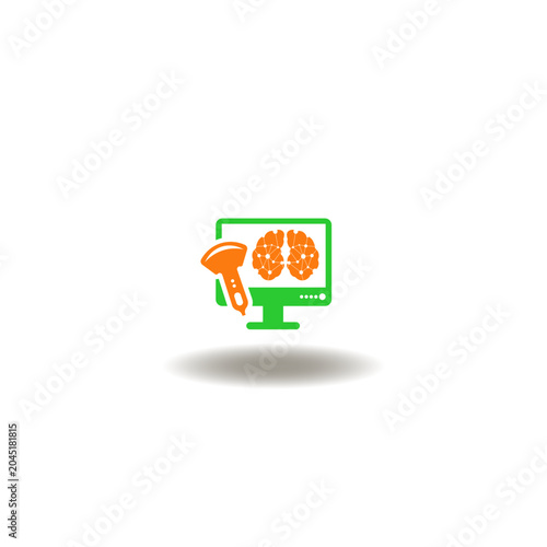 Vector illustration of monitor computer with brain and magnetic stimulant. Symbol of TMS Transcranial Magnetic Stimulation.