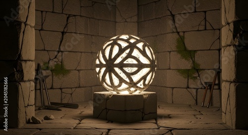 Glowing stone lantern with celtic knot design on pedestal in ancient stone room with moss and tools