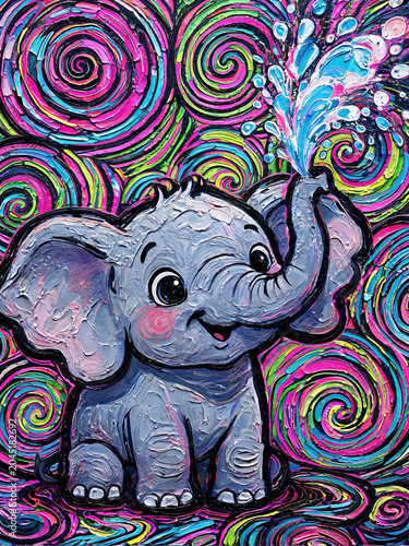 A joyful baby elephant sprays water playfully against vibrant psychedelic colorful swirling spiral background in thick impasto style