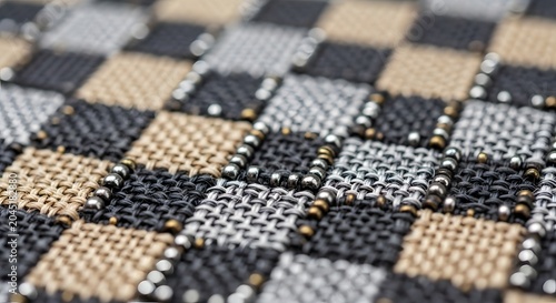 Close up of black beige and gray checkered fabric with beads