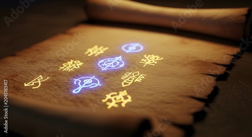 Ancient parchment with glowing symbols and mysterious markings on a dark background