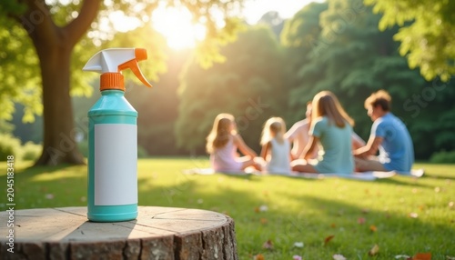 Insect repellent spray bottle on wood with copy space and family outdoors