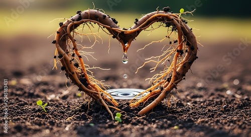 Heart shaped roots in soil with water drop symbolizing love and growth in nature earthy background