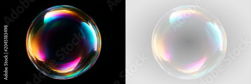 two colorful soap bubbles isolated on black background, close up detail of iridescent liquid spheres
