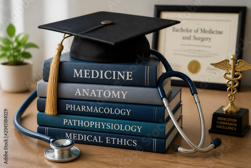 Medical textbooks stacked with stethoscope and graduation cap