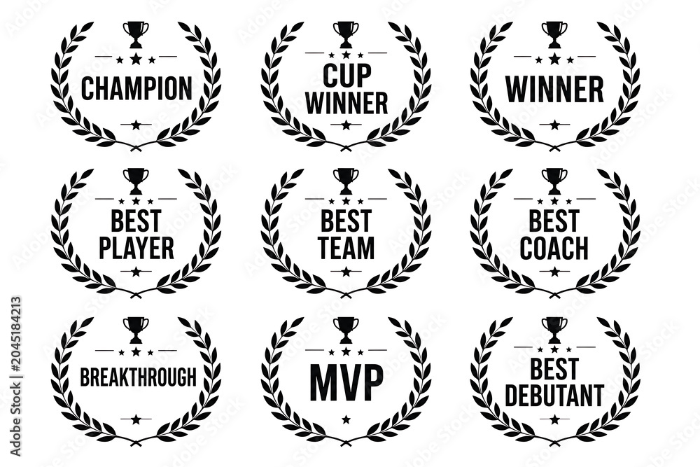 Fototapeta premium Vintage laurel wreath award collection, set of 9 black trophy icons for champion and winner, sports achievement badges with MVP and best player text isolated on White Background ai