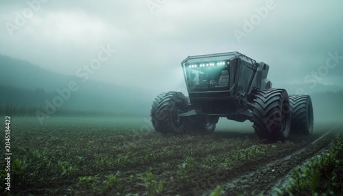 Large autonomous farming vehicle with huge wheels moving over field on dark rainy day, autonomous future agriculture concept. Generative AI