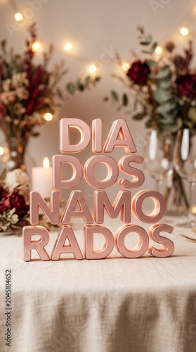 Close-up emocional de letreiro 3D “Dia dos Namorados” com iluminação suave e atmosfera romântica envolvente