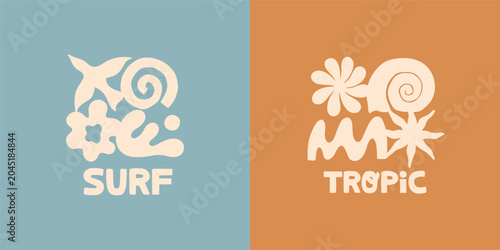 Surf and tropic prints with abstract coastal forms,ocean waves,seashells,sun shape,bird.Retro summer aesthetic.Summer beach graphic for apparel prints,stickers,surf branding,resort decor,social media
