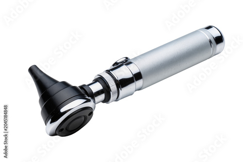 Photos Isolated modern medical otoscope with silver handle and black head for professio