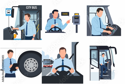 Foto Bus driver professional workflow flat illustration set featuring driving, vehicle inspection, and fare collection scenes