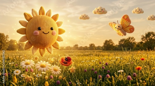 Knitted sun toy floating above a summer meadow filled with wildflowers, depicted as a cute handmade character in soft grass. Concept of warm sunny weather, joy, nature, and peaceful.