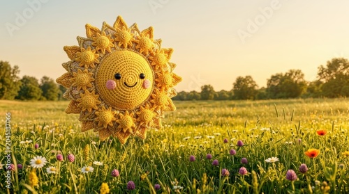 Knitted sun toy floating above a summer meadow filled with wildflowers, depicted as a cute handmade character in soft grass. Concept of warm sunny weather, joy, nature, and peaceful.
