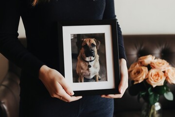 Woman holds framed photo of dog near flowers. Remembering pet loss and cherished memories. Tender moment of grief and love for animal friend.