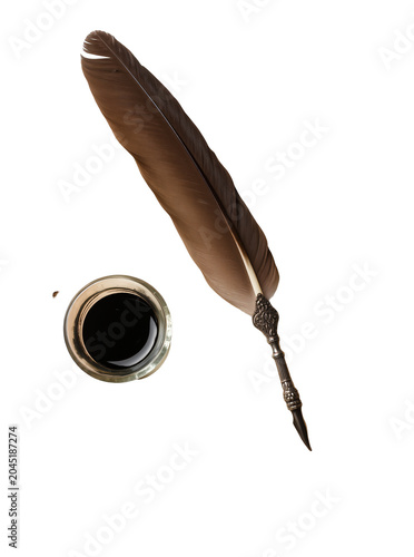 Quadro su tela Isolated vintage quill feather pen with elegant silver handle and black inkwell