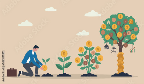 Investing growing to the for pension retirement fund growing wealth or investment asset concept, businessman investor planting seedling prosperity