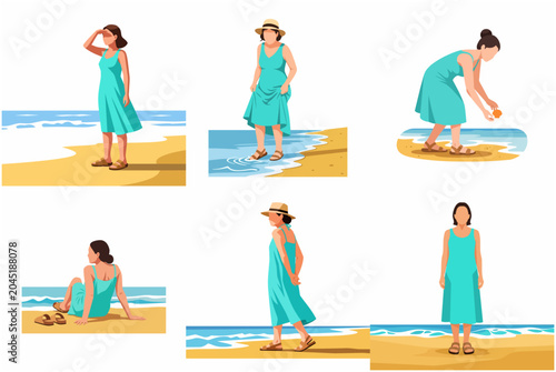Obraz na płótnie Set of flat vector illustrations of a woman in a turquoise dress enjoying various activities at the beach during summer vacation