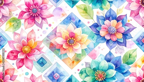 Colorful Watercolor Flowers Arranged in Geometric Pattern on White Background