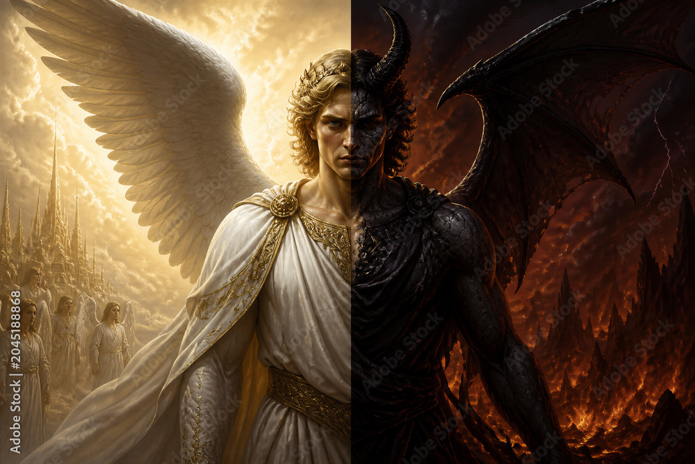 Naklejka premium Angel and demon divided figure standing between heaven and hell