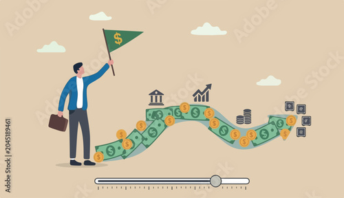 Cash flow, investment fund raising bank loan financial activity making money profit concept, Businessman leader in to investor holding flag control money Dollar coins