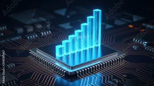 Artificial Intelligence Data Growth Visual on Futuristic Processor Illustrating Business Analytics, Machine Learning, and FinTech Investment Progress Concept