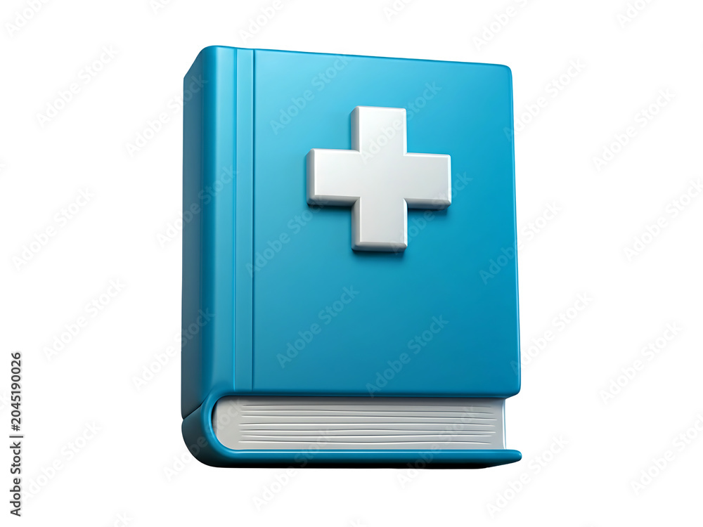Fototapeta premium Medical textbook icon with white cross symbol against transparent background