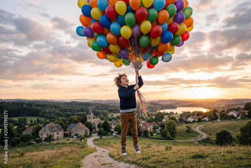 boy floating away whilst holding helium balloons