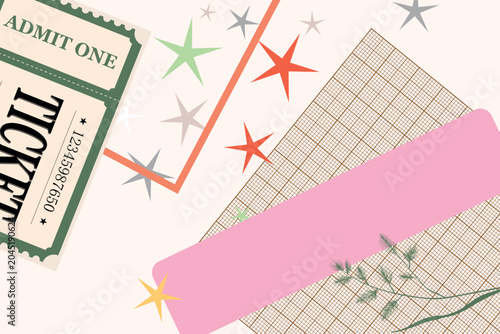 Abstract Y2K background in 2000s style. Collage of mismatched elemets with geometric shapes, stars, floral elements, grid paper. Dynamic effect grunge nostalgic colorful wallpapers. Modern design.