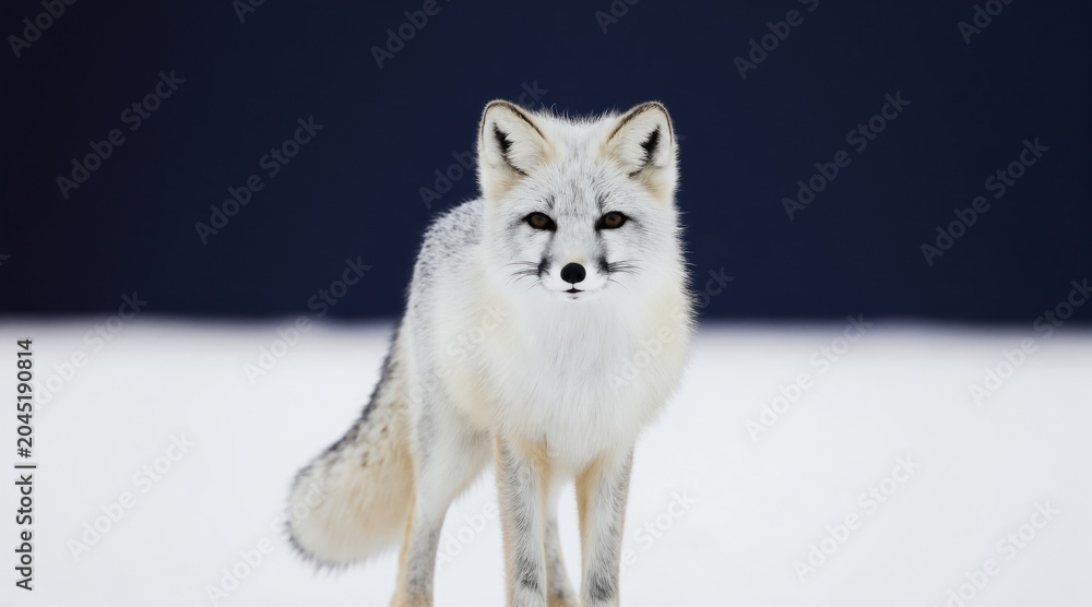 Naklejka premium White arctic fox stands alert in snow covered field. Its thick fur coat blends with winter landscape. Dark blurry background contrasts with animal pure white fur. Focus is on its watchful expression.