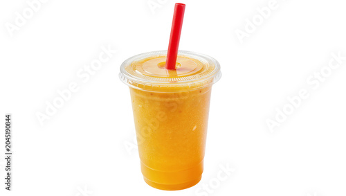 Obraz na plátne Isolated vibrant orange smoothie or fruit juice in clear plastic cup with red st