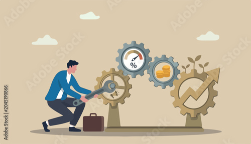 Optimization to improve result, adjust marketing factor gain more profit, efficiency or growth, fix process for best result concept, businessman using wrench optimize process better performance