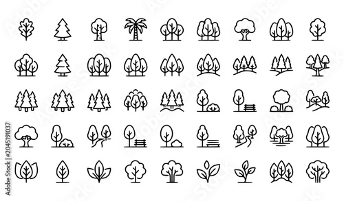 Editable stroke tree line icons set with forest and nature symbols in modern outline style isolated on white background