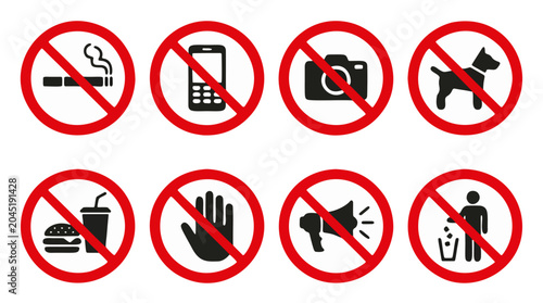 Collection of prohibition signs including no smoking no phone no camera no dog no food no entry no noise and no littering