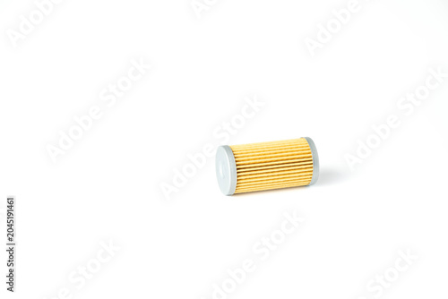 Foto New, metal mesh filter for fluid, fuel filtration in automotive industry to keep contaminants from entering engine system, isolated on white background, lying on side