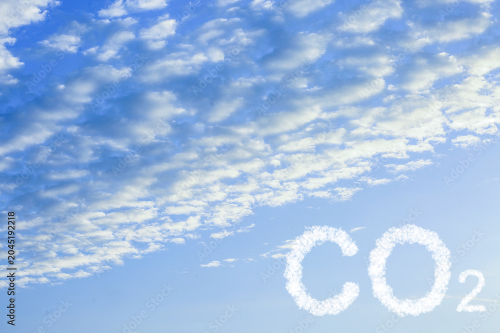 Obraz premium Blue sky with CO2 inscription and fluffy clouds