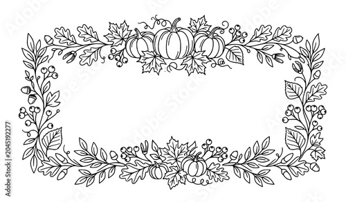 Minimal autumn pumpkin and leaf border frame in modern line art style for fall celebration invitations isolated on white background