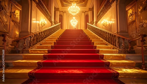 Grand Ornate Staircase with Red Carpet in Luxurious Historic Interior