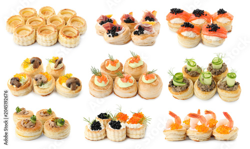 Different tasty puff pastry snacks isolated on white, set