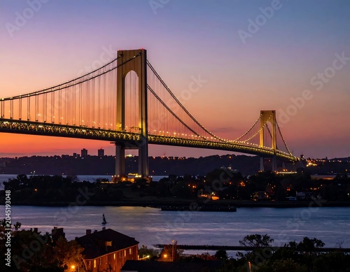 Illuminated Suspension Bridge Spanning Calm Water at Colorful Sunset Skyline