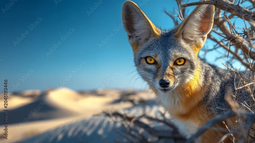 Naklejka premium Desert Fox Partially Hidden Behind Dry Shrubs in a Desert Landscape