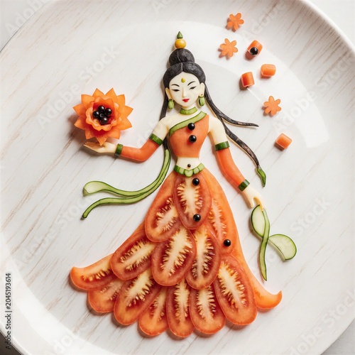 Colorful vegetable art depicting a woman holding a flower on a plate  