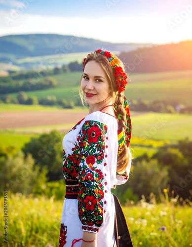 Smiling Young Woman in Floral Embroidered Dress Standing in Sunny Rural Meadow