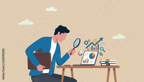 Market research data analysis, business data to financial report, SEO analytics profit earning concept, businessman analyst magnifying glass into analyze data computer laptop