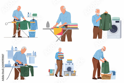 Foto Senior man doing various laundry chores like ironing and folding clothes, flat i