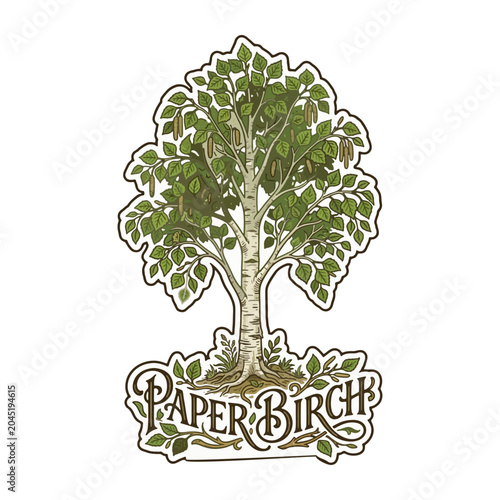 Vintage Paper Birch Tree Vector Illustration, White Bark Botanical Forest Artwork