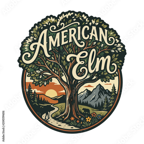 Vintage American Elm Tree Vector Illustration, Classic Botanical Forest Artwork